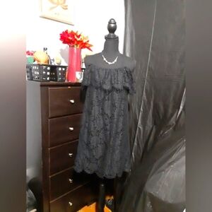 Madewell Women's Black Sleeveless Cold Shoulder Dtess Fringe Lace Overlay Size 2